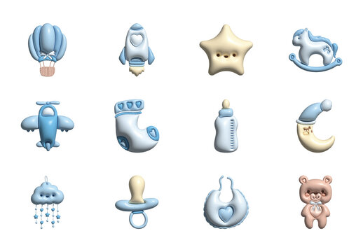 Blue And Beige Baby Toys Newborn Boy Cute Illustrations Set