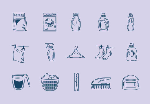 Blue Laundry Washing Cleaning Icons Set