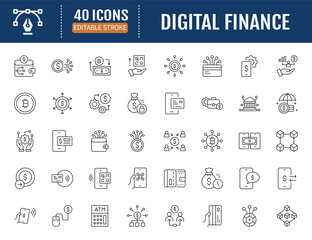 Digital finance icon set. Vector Illustration with Editable Strokes
