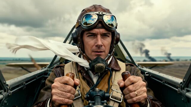 Oldfashioned pilot handling controls amid smoky horizon and dramatic