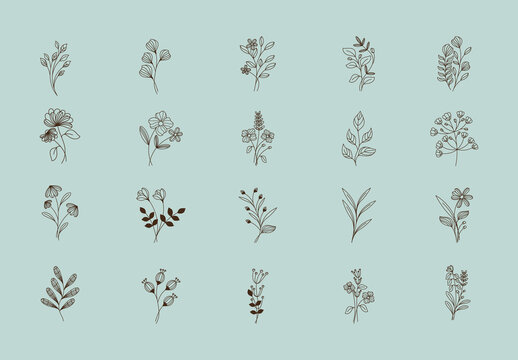 Brown Flowers Leaves Botanical Line Art Icons Set