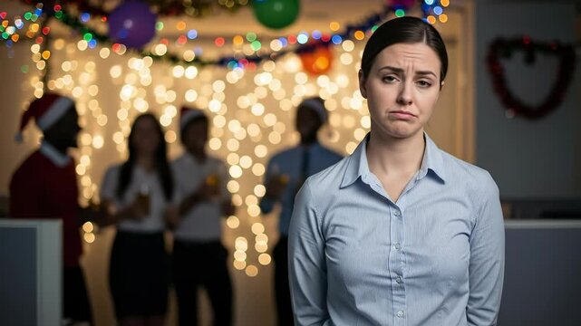 Unhappy young adult woman feeling sad and excluded at a festive office Christmas party, standing alone while colleagues celebrate in the background