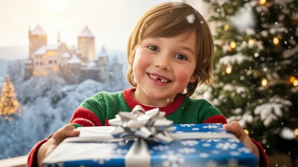 Joyful young Caucasian boy with a missing tooth holding a blue snowflake Christmas gift, smiling excitedly in a magical snowy winter wonderland with a castle.