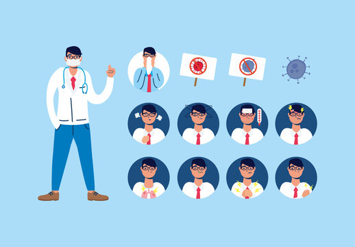 Colorful Covid19 Virus Symptoms Prevention Medical Illustrations Set