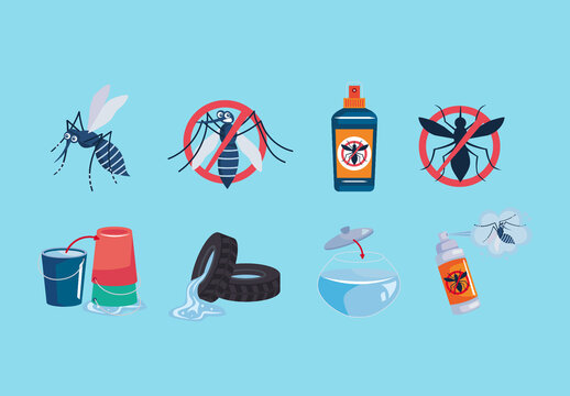 Colorful Dengue Mosquito Prevention Health Protection Illustrations Set