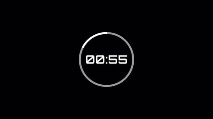 One Minute Countdown Timer 60 to 0 Seconds, Digital White Clock Ring, Alpha Channel Clock Progress Bar Motion Graphic - Powered by Adobe