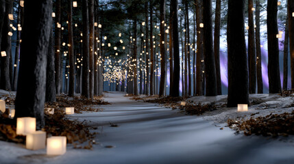 An enchanting illuminated pathway through a snow-covered forest invites wanderers to discover warmth and joy, accentuated by soft glowing lanterns and a serene night environment.