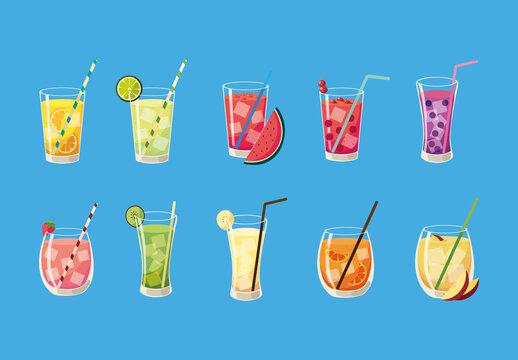 Colorful Fruit Juice Fresh Summer Drink Illustrations Set
