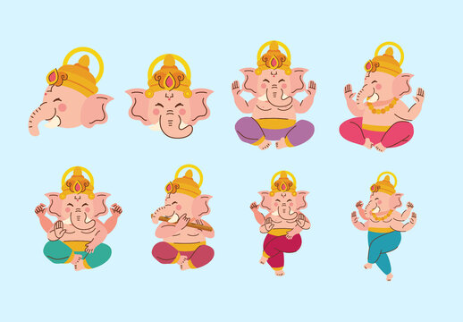 Colorful Ganesh Hindu God Cute Character Illustrations Set