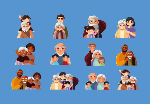 Colorful Grandparents Family Love Cartoon Characters Illustrations Set