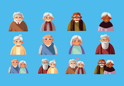 Colorful Grandparents Elderly Couple Old People Illustrations Set