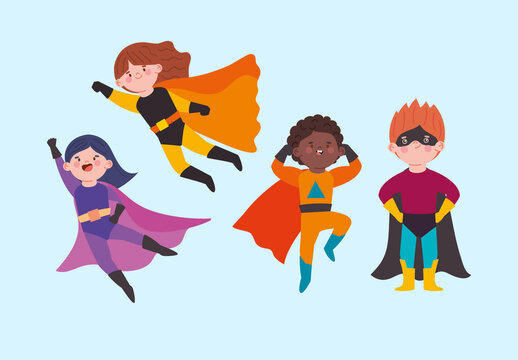 Colorful Kids Super Hero Characters Illustrations Set