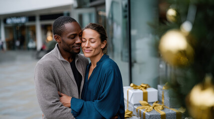 Two loving individuals share a warm embrace in front of a beautifully adorned Christmas tree, epitomizing the joy and togetherness of the holiday season.