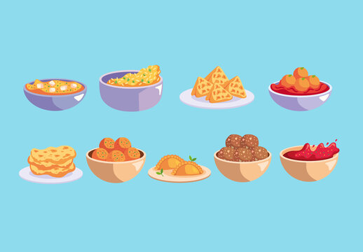 Colorful Indian Cuisine Food Illustrations Set