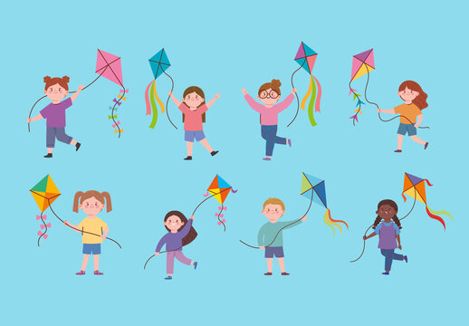 Colorful Kids Flying Kite Outdoor Fun Illustrations Set