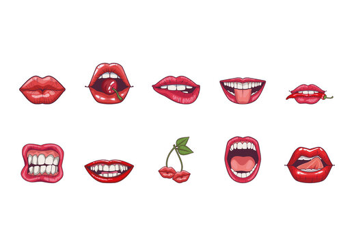Colorful Lips Cherry Mouth Pop Art Illustrations Set