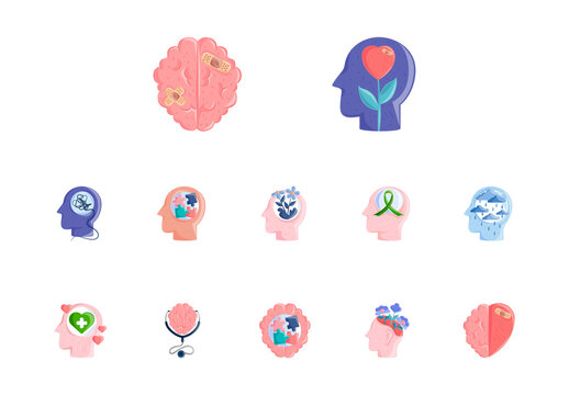 Colorful Mental Health Brain Head Psychology Illustrations Set