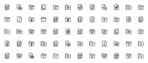 Files and folders icon set. Minimal linear vector icns pack. Includes file, foder, add file, document, dta, storage, management an more. Editable stroke.
