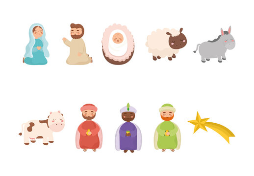 Colorful Nativity Christmas Holy Manger Characters Illustrations Set