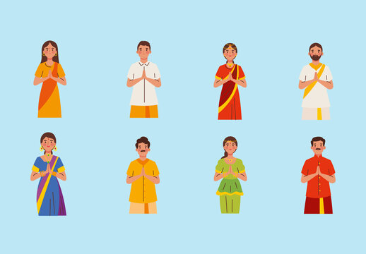 Colorful Indian Traditional People Culture Namaste Illustrations Set