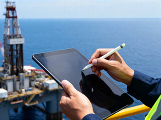 Close-up of hands using a digital tablet and stylus offshore, checking data near an oil rig.