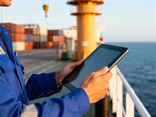 Close-up of a worker in blue coveralls holding a tablet on the deck of a container ship, overseeing logistics.