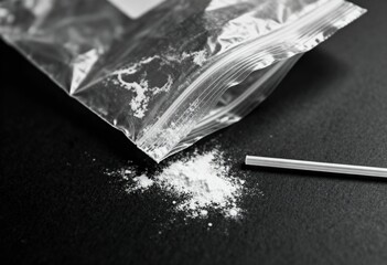 Monochrome image showing illicit white powder spilling from an open plastic bag next to a small snorting tube.