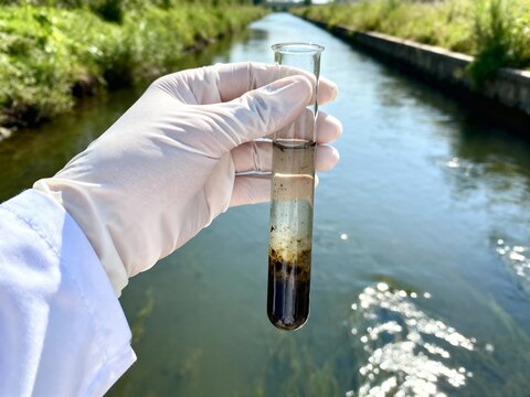 Gloved hand holds a test tube with river water and dark sediment, conducting environmental sampling in a canal.