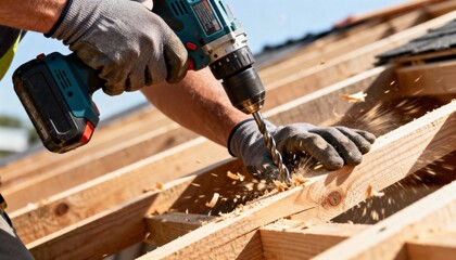 Close-up of gloved hands using a cordless power drill to bore a hole into wooden roof truss, creating flying sawdust.