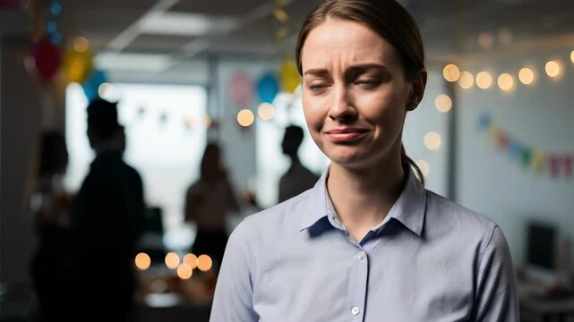 A young Caucasian woman looks sad and isolated at an office party, feeling excluded while colleagues celebrate in the background.