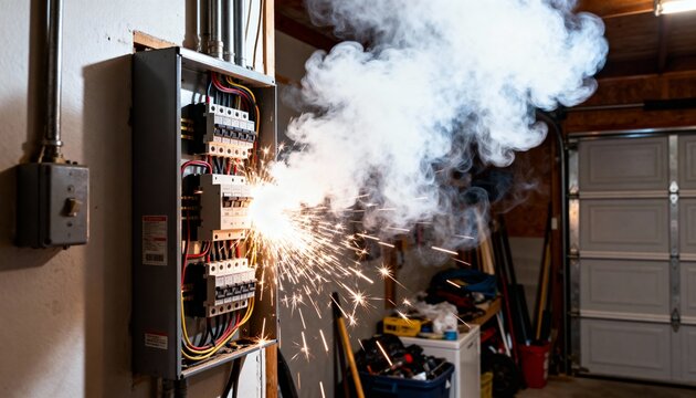 Violent electrical malfunction showing sparks and thick smoke erupting from an open breaker panel in a garage.
