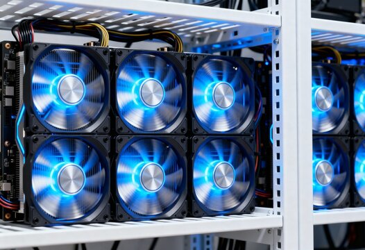Close-up view of a cryptocurrency mining rig showing multiple GPU fans spinning rapidly with bright blue LED lighting.