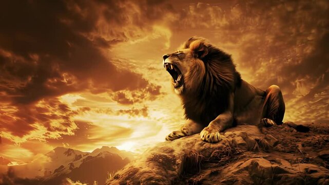 Majestic lion roaring on a mountaintop at sunset, showcasing strength and wild nature against a dramatic sky footage