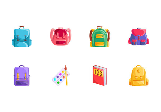 Colorful School Backpack Education Supplies Illustrations Set