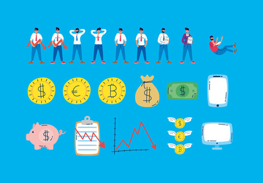 Colorful Stock Market Crash Economy Finance Illustrations Set
