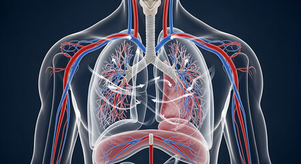 Ultra-detailed scientific illustration human respiratory system air flow 3D vector