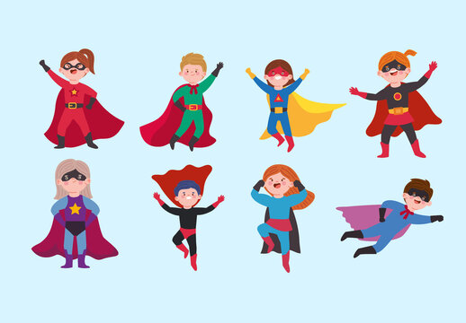 Colorful Superhero Kids Costume Flying Fun Illustrations Set
