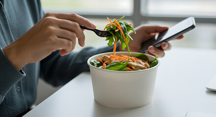 Woman eating a salad from a takeaway container while looking at her mobile phone.