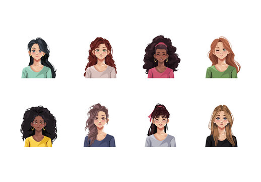 Colorful Woman Girl Character Portrait Illustrations Set