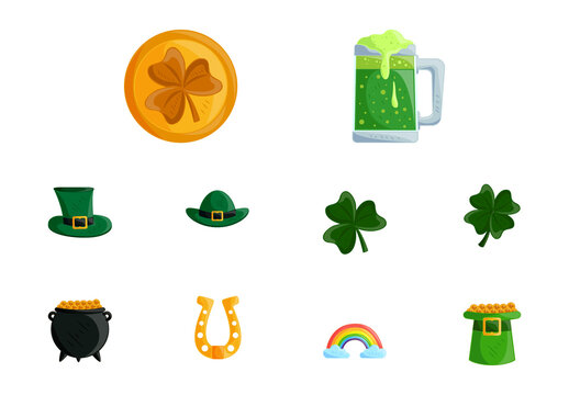 Green And Yellow St Patricks Day Leprechaun Ireland Celebration Illustrations Set