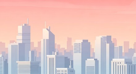 Obraz premium Minimalist and abstract city skyline with towering skyscrapers in a soft, pastel color palette of pale blue, white, and a gentle pink or orange sky.