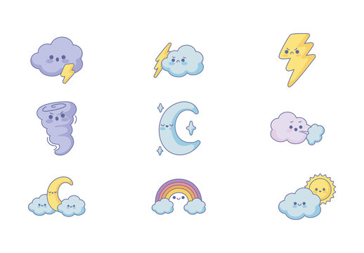 Yellow And Purple Kawaii Weather Illustrations Set