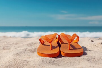 Orange Sparkly Flip Flops on White Sand Beach with Blue Ocean Waves and Sky