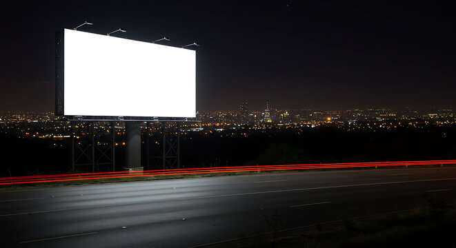 Illuminated billboard stands against a dark sky, city lights blurred in the background, with light trails from passing vehicles.