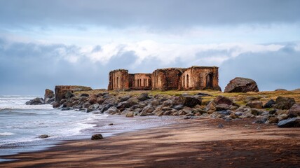 Ancient shore ruins under stormy skies. AI image