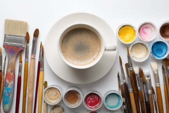 A creative workspace featuring a cup of coffee surrounded by paintbrushes and vibrant paints
