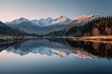 Obraz premium Scenic Mountain Range Reflecting on Calm Lake with Snow Capped Peaks and Evergreen Trees at Dusk