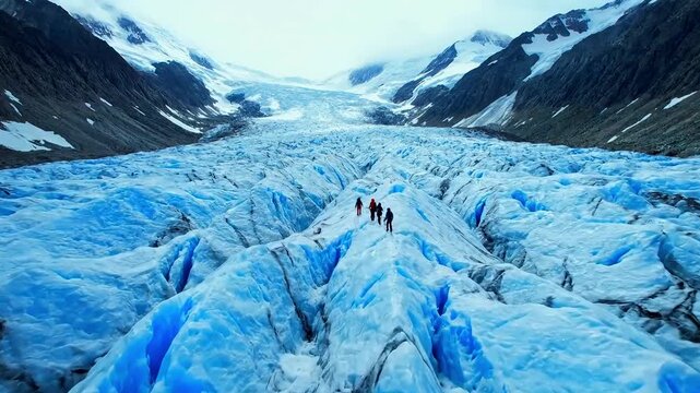 Adventurous group trekking across a vast, icy glacier under majestic mountains