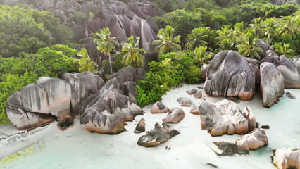 Luxury resort photo of Seychelles tropical paradise islands
in Indian Ocean with palm trees, sandy beach, stones.
Beautiful photography, coral reef, azure ocean.  
