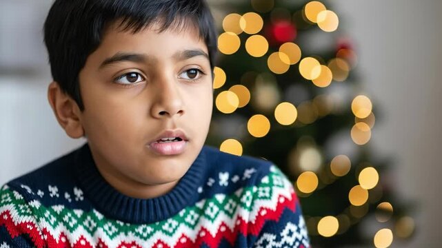 Unhappy young South Asian boy wearing a festive Christmas sweater, looking down with a thoughtful and sad expression, with a blurred holiday tree and lights in the background